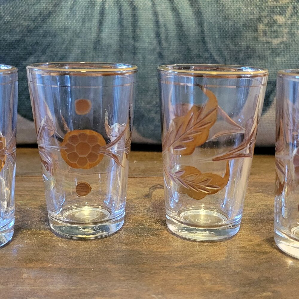 Vintage Mid Century Modern Liqueur Small Glasses Clear with Gold Flower & Leaves